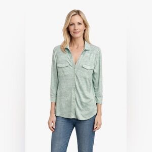 J. McLaughlin Brynn Linen Knit Top Blue Striped Button Shirt Size M 3/4 Sleeve